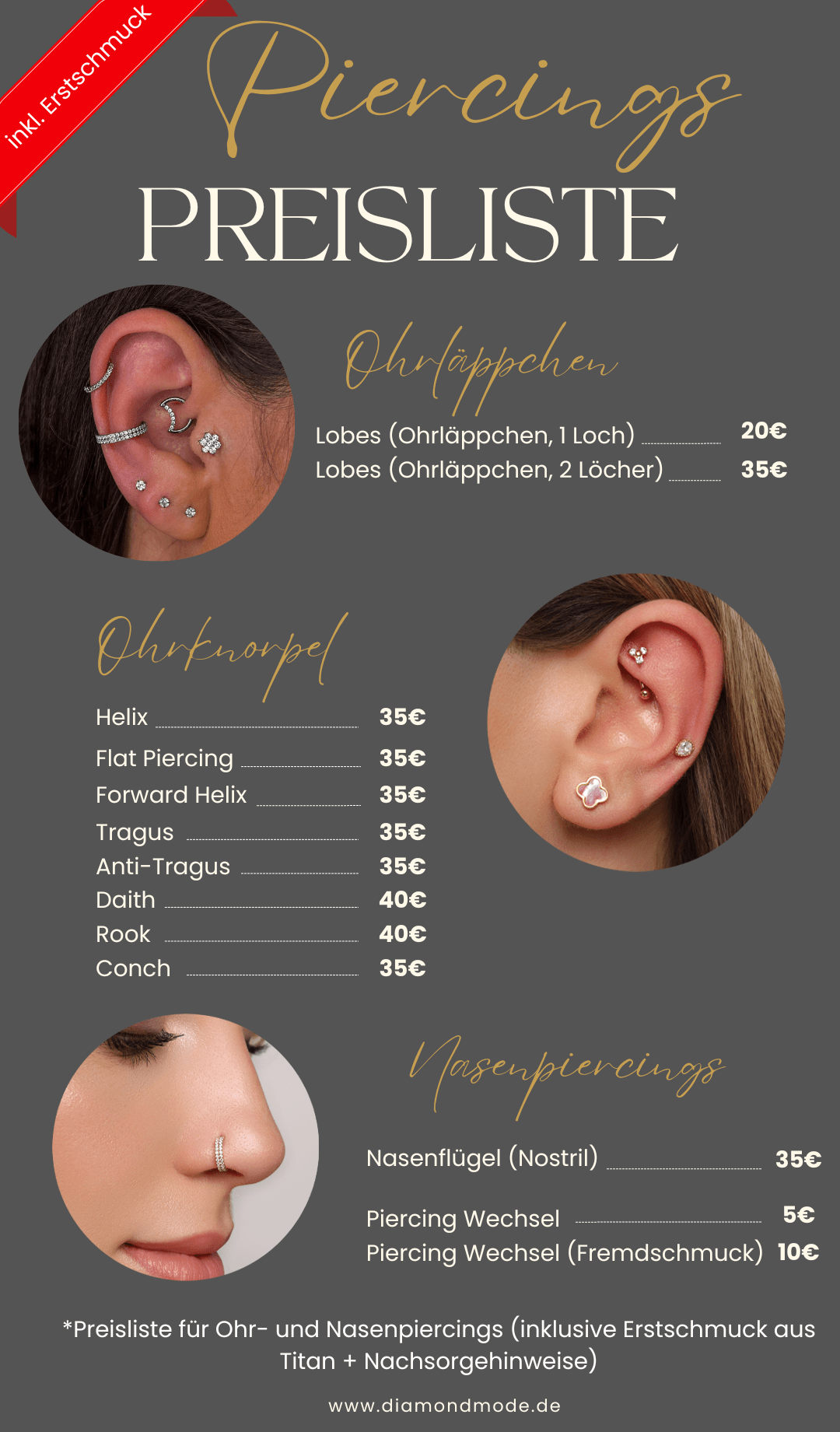 Preise Preisliste Studio Piercing stechen DIAMOND MODE