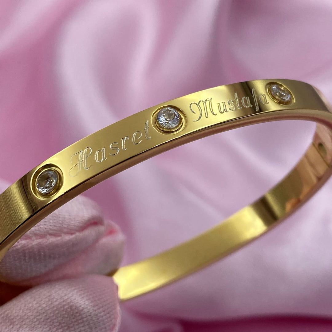 Gravierter Armreif gold wasserfest Zirkonia personalisiert