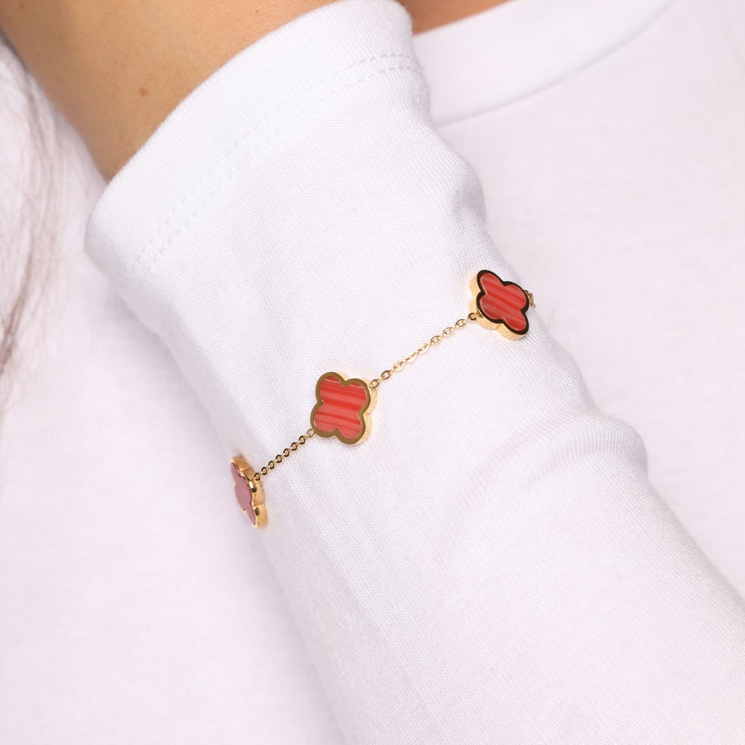 Kleeblatt Armband Rot Edelstahl 18K vergoldet wasserfest