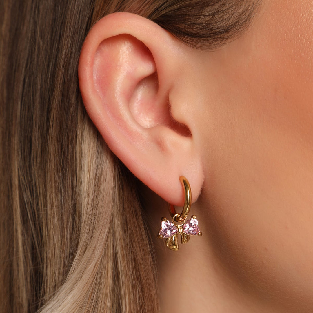 Ohrringe mit Schleife Edelstahl 18K vergoldet wasserfest Rosa Steine