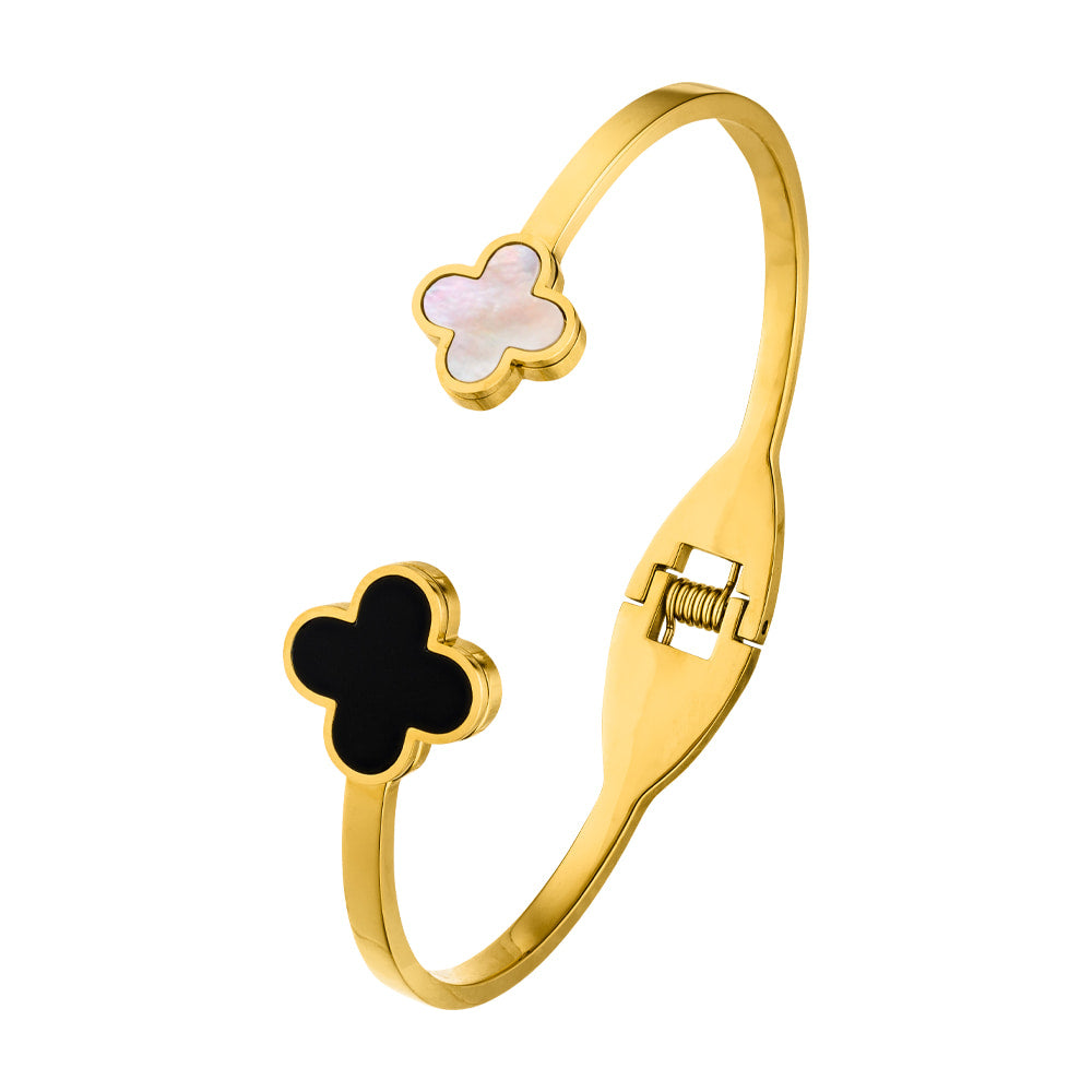 eleganter Clover Armreif schwarz/weis vergoldet wasserfest