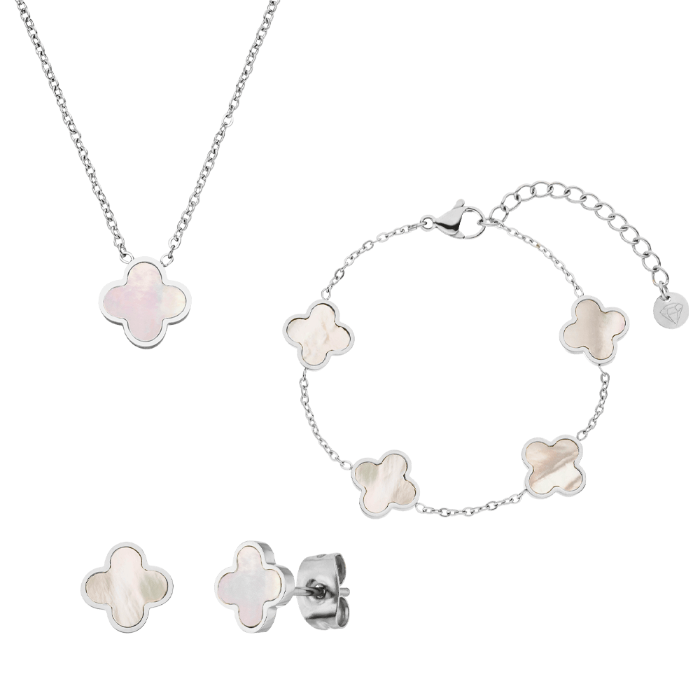 Clover Perlmutt Schmuck Set Silber Armband Kette Ohrringe