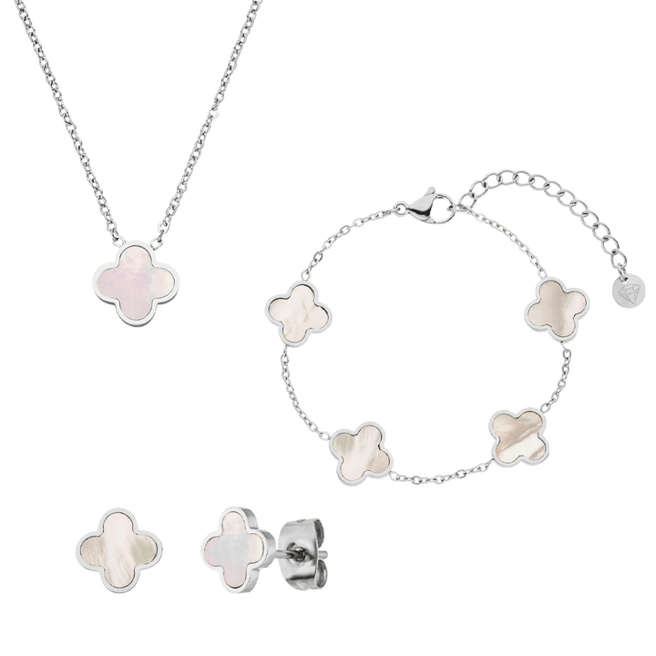 Clover Perlmutt Schmuck Set Silber Armband Kette Ohrringe