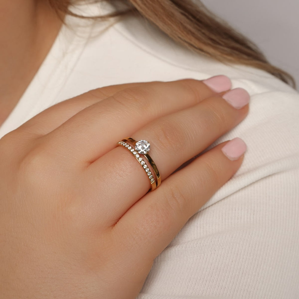 Doppel Ring mit zwei Reihen gold Zirkonia wasserfest
