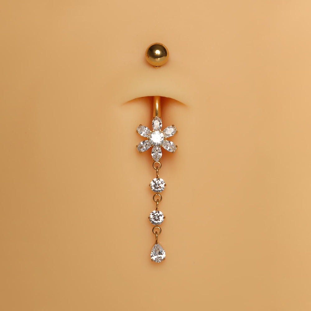 Bauchnabelpiercing Ring gold Blume hängend Steinchen funkeln wasserfest