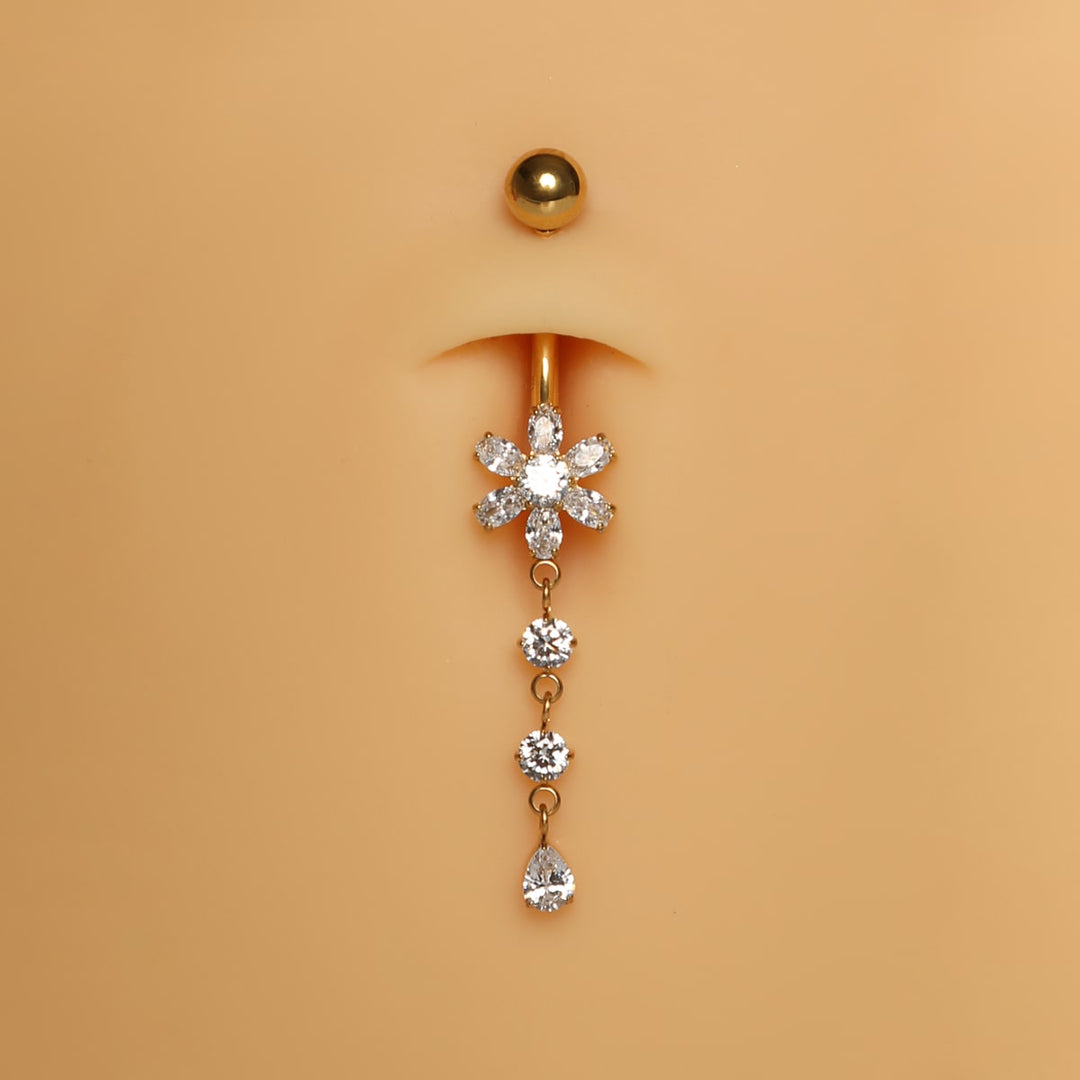 Bauchnabelpiercing Ring gold Blume hängend Steinchen funkeln wasserfest