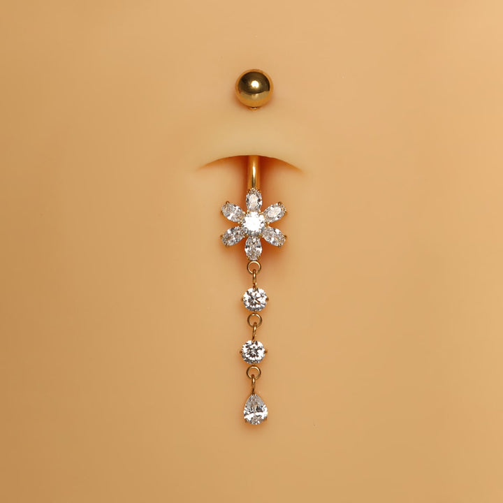 Bauchnabelpiercing Ring gold Blume hängend Steinchen funkeln wasserfest