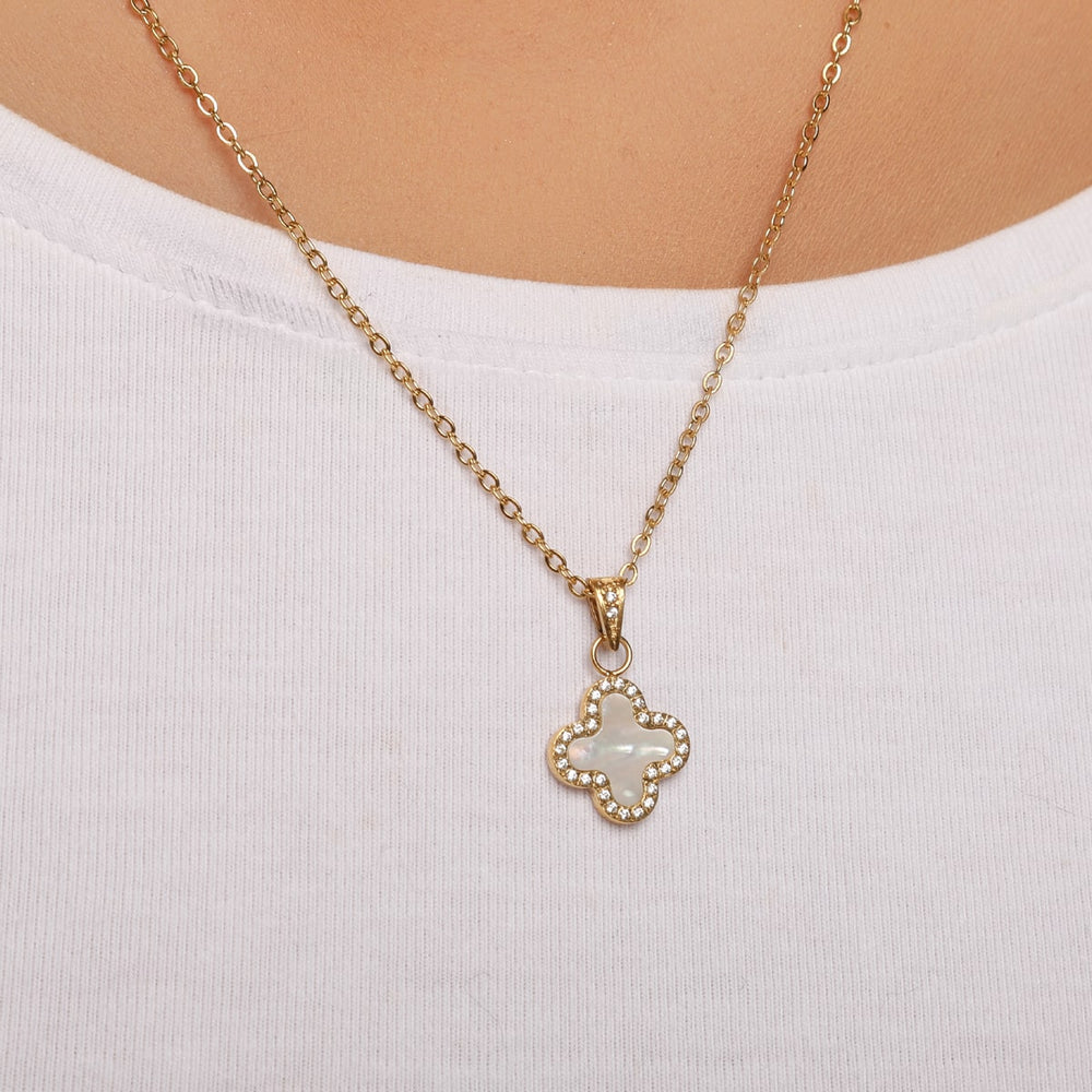 Perlmutt Kleeblatt Kette gold Zirkonia Steine wasserfest