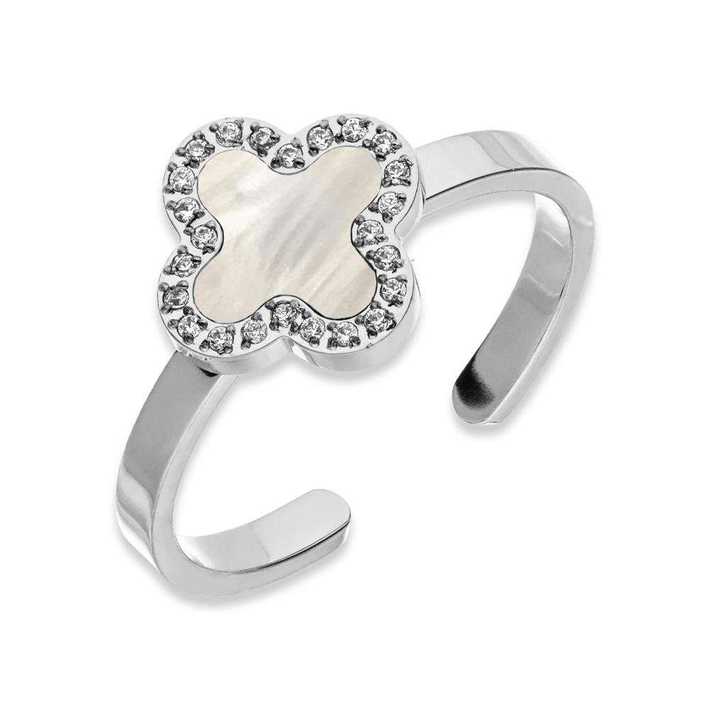 Clover Ring Perlmutt Silber größenverstellbar wasserfest Steinchen