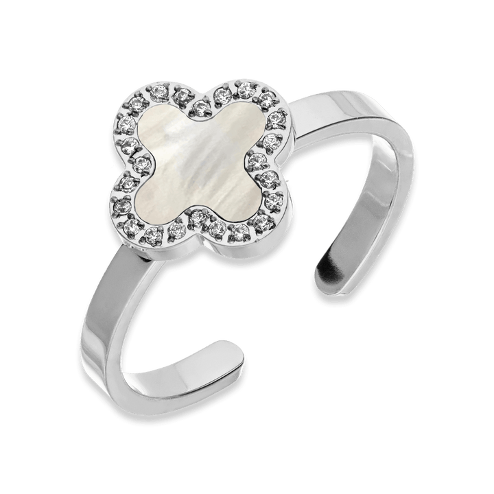 Clover Ring Perlmutt Silber größenverstellbar wasserfest Steinchen