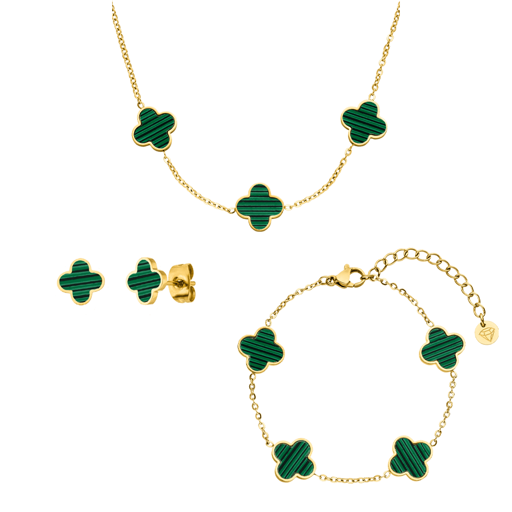 Clover Set Halskette, Armband, Ohrstecker grüne Kleeblätter