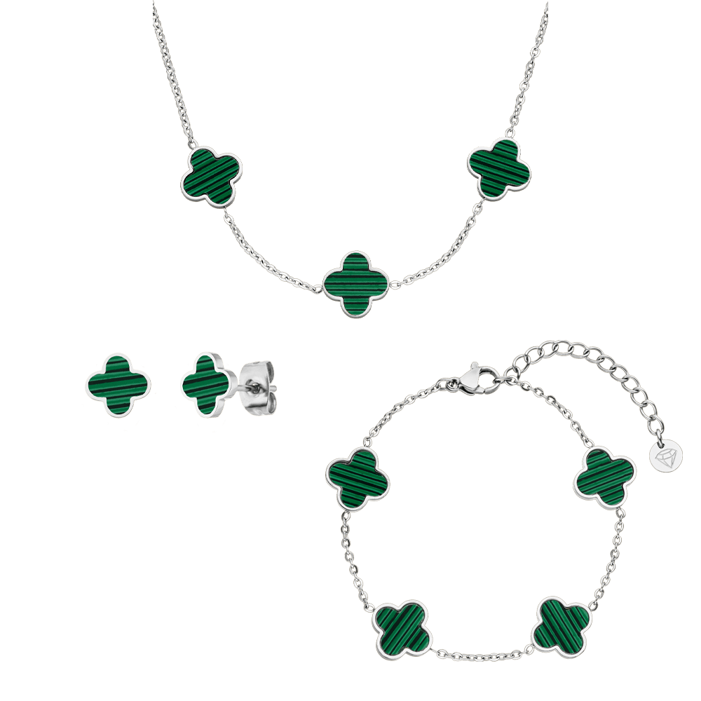 silbernes Clover Set Halskette, Armband, Ohrstecker grüne Kleeblätter