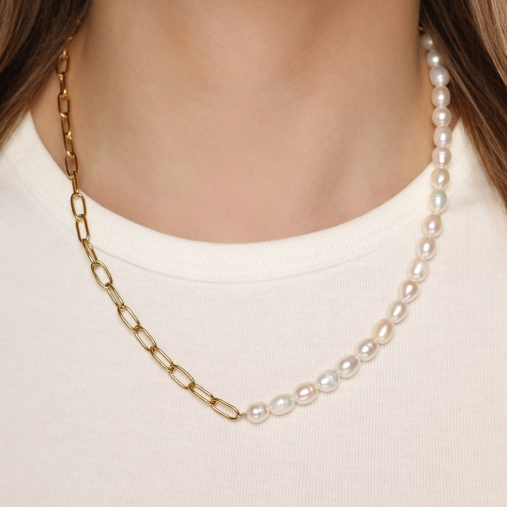 Halbe Perlen Kette gold wasserfest Halskette mit Perlen