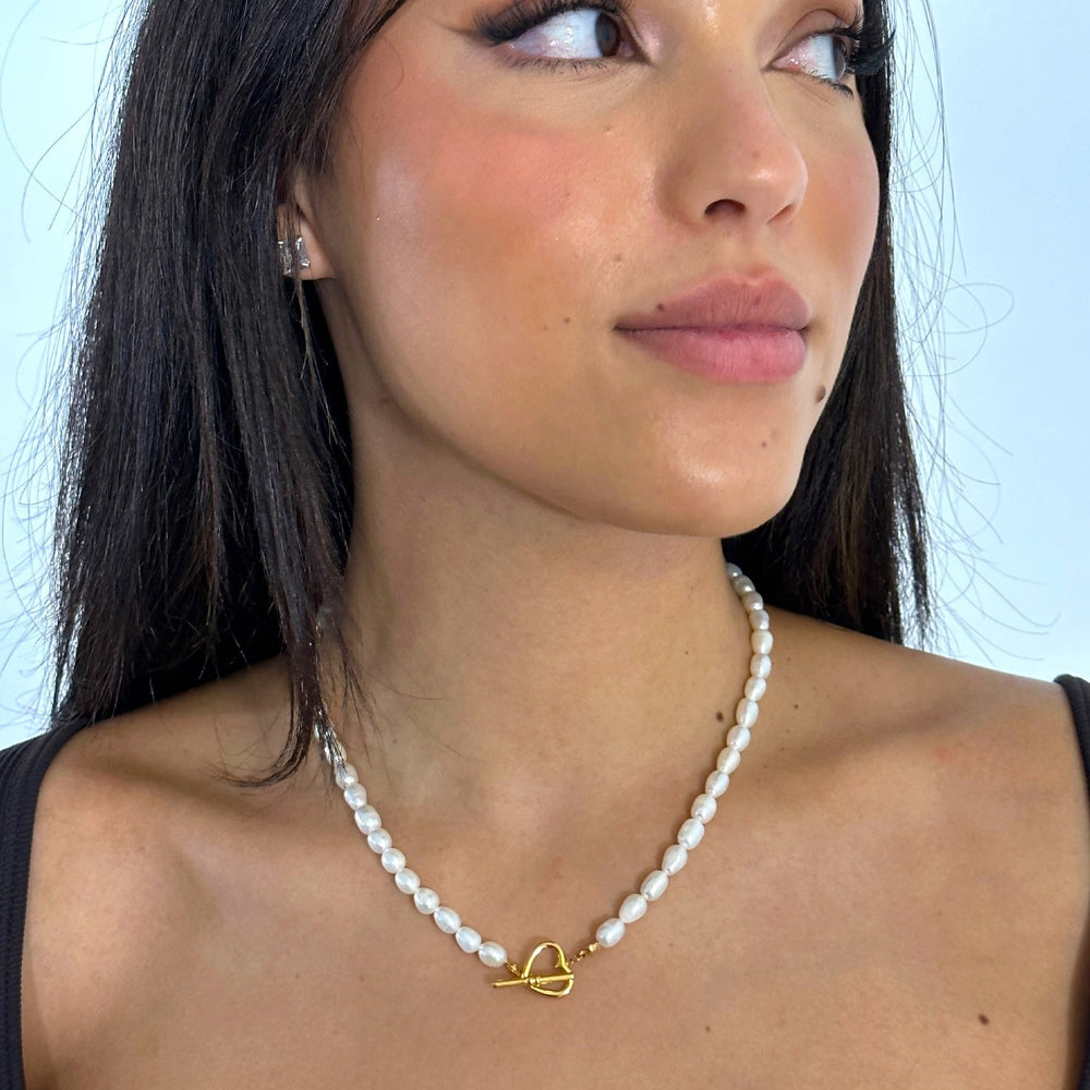 Perlenkette mit Herz 18K vergoldet wasserfest echte Süßwasserperlen
