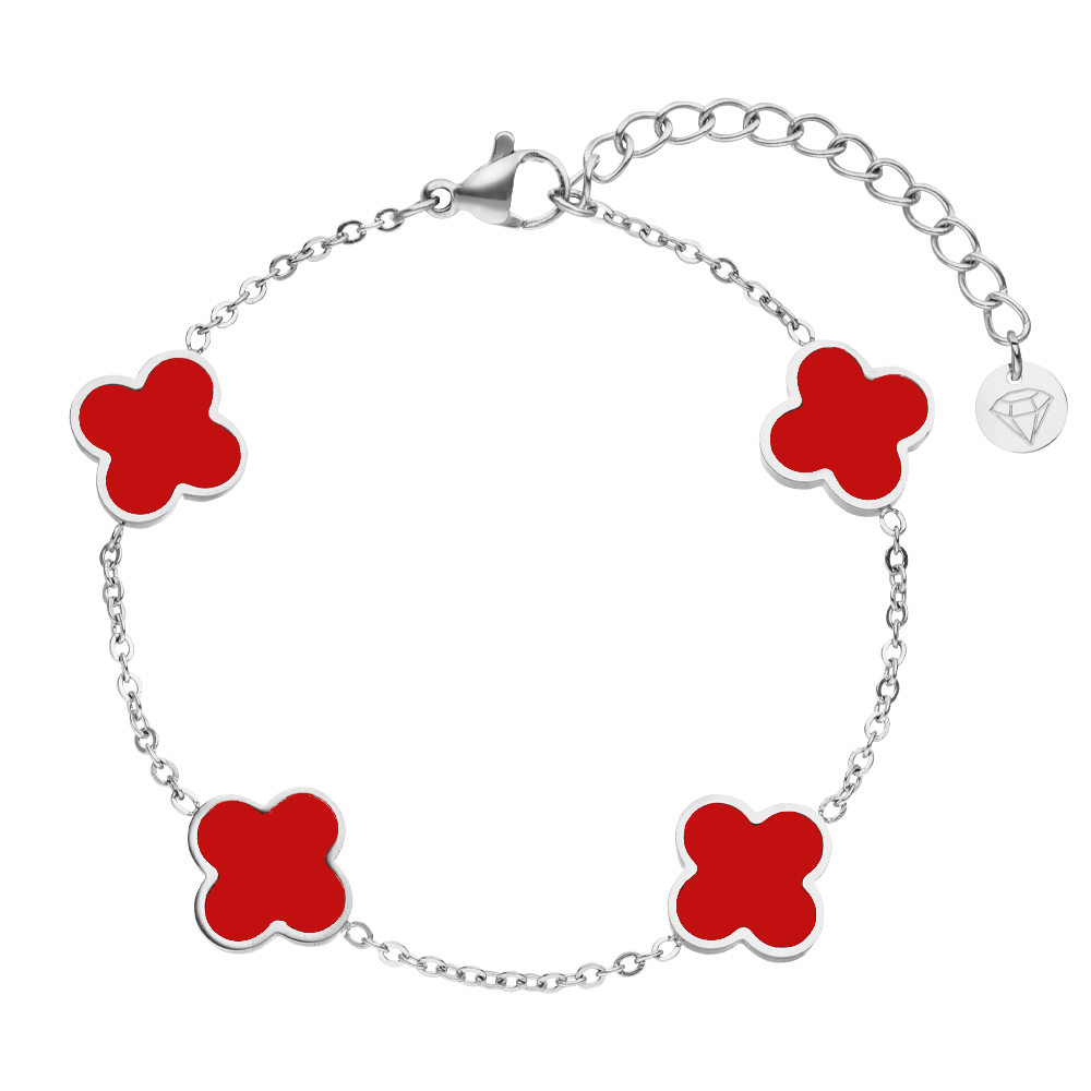 silbernes Clover Armband mit roten Kleeblättern wasserfest