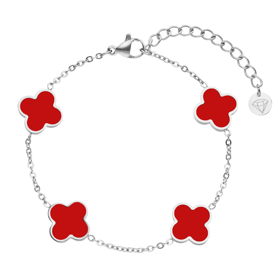 silbernes Clover Armband mit roten Kleeblättern wasserfest