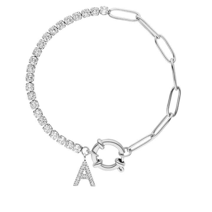 Halbseitiges Tennis Armband mit Buchstaben Anhänger Silber wasserfest