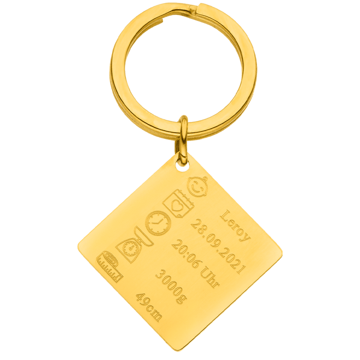 Personalisierter Schlüsselanhänger mit Baby Geburtsdaten Gold