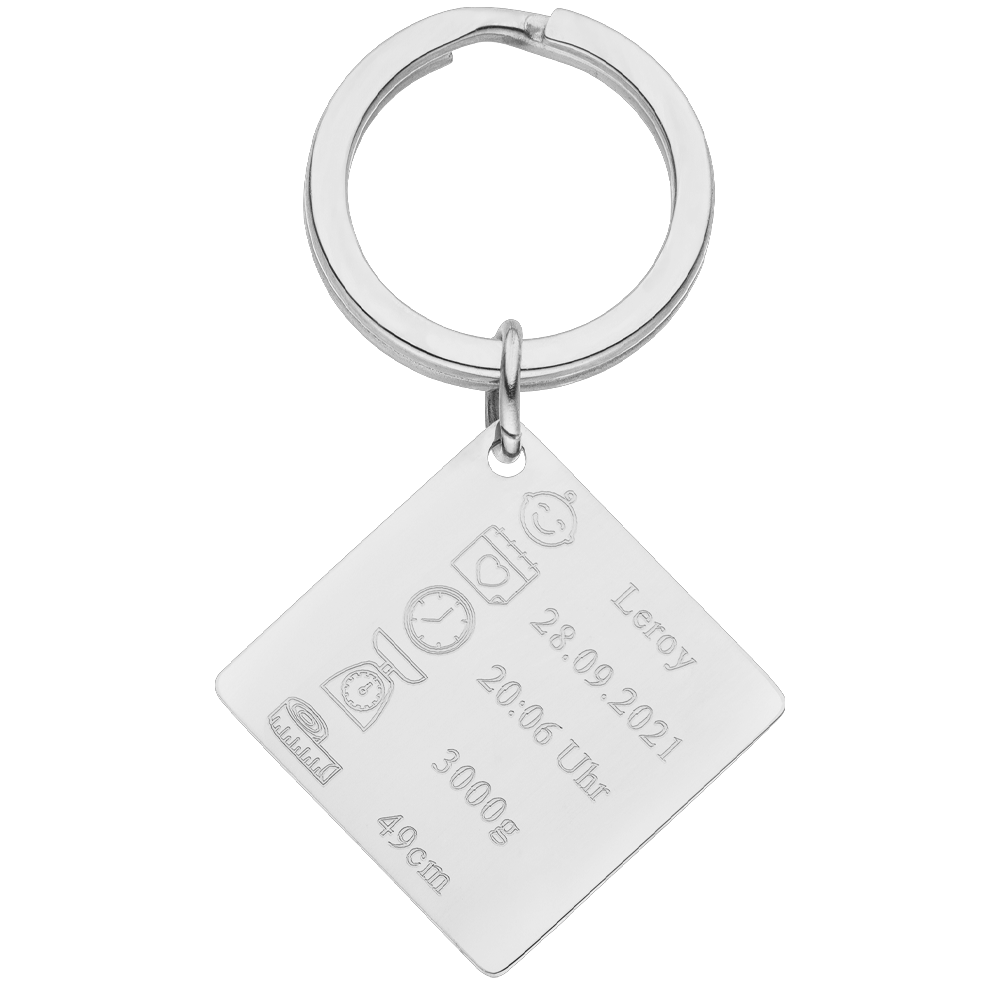 Personalisierter Schlüsselanhänger mit Baby Geburtsdaten Silber