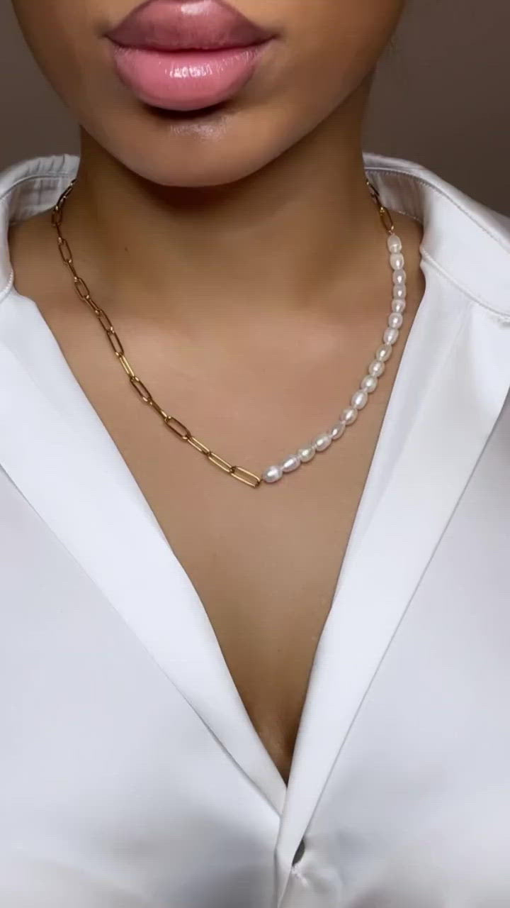 Perlenkette halbseitig 18K vergoldet Damen wasserfest Süßwasserperlen