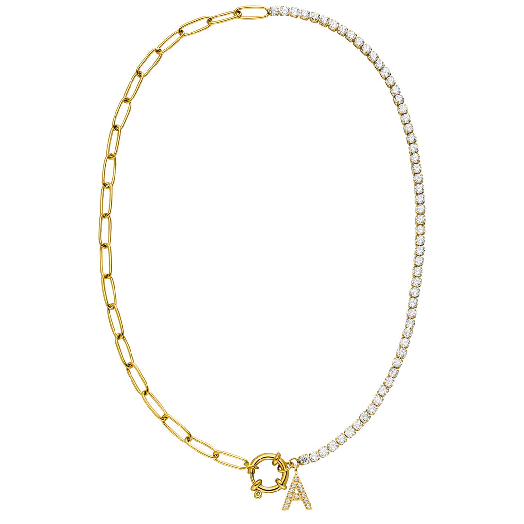 Halbseitige Tennis Halskette mit Buchstaben Anhänger gold